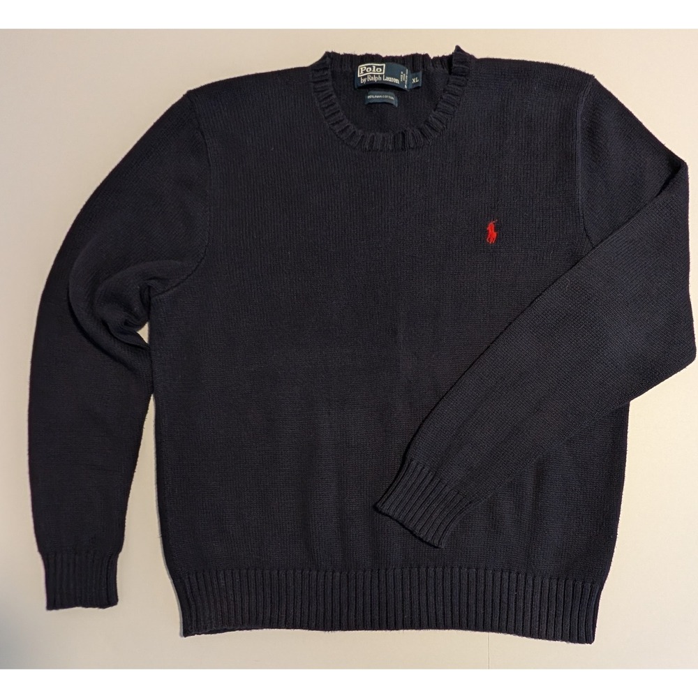 Polo Ralph Lauren Mens XL Navy Blue 100% Pima Cotton Crewneck Sweater VERY NICE!